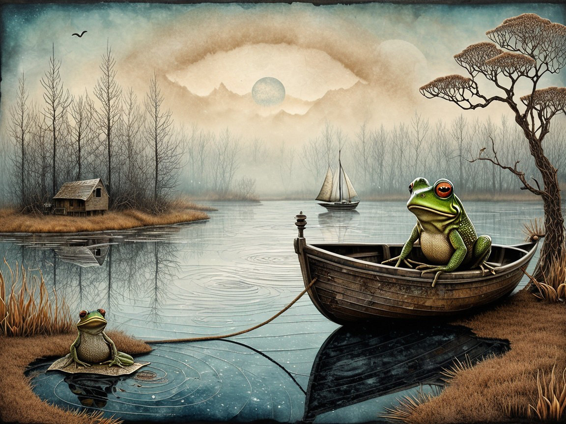 Frogs in a Boat on a Misty Tranquil Lake Scene