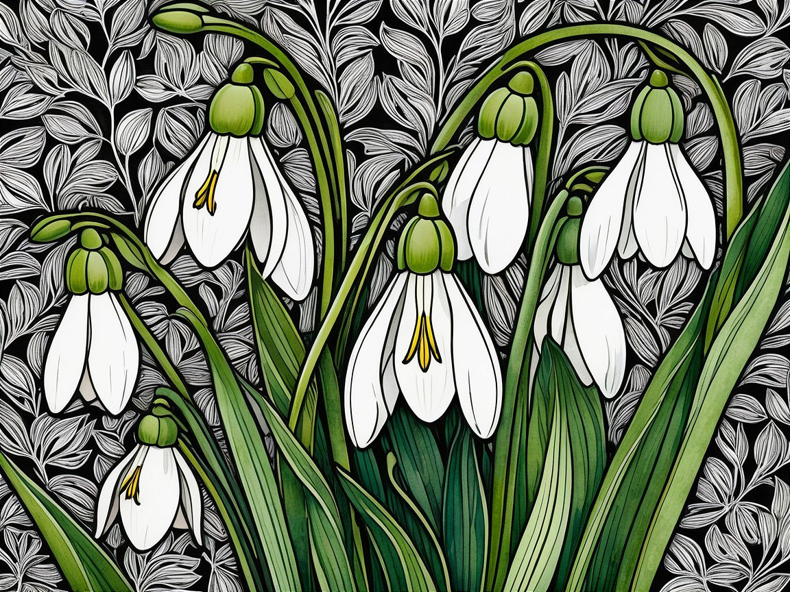 Delicate Snowdrop Flowers Amid Lush Green Leaves