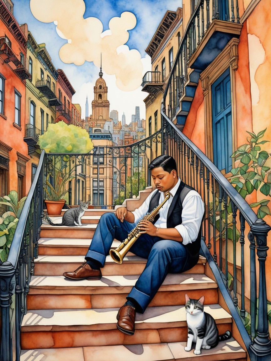 Musician Playing Saxophone in Urban Neighborhood Scene