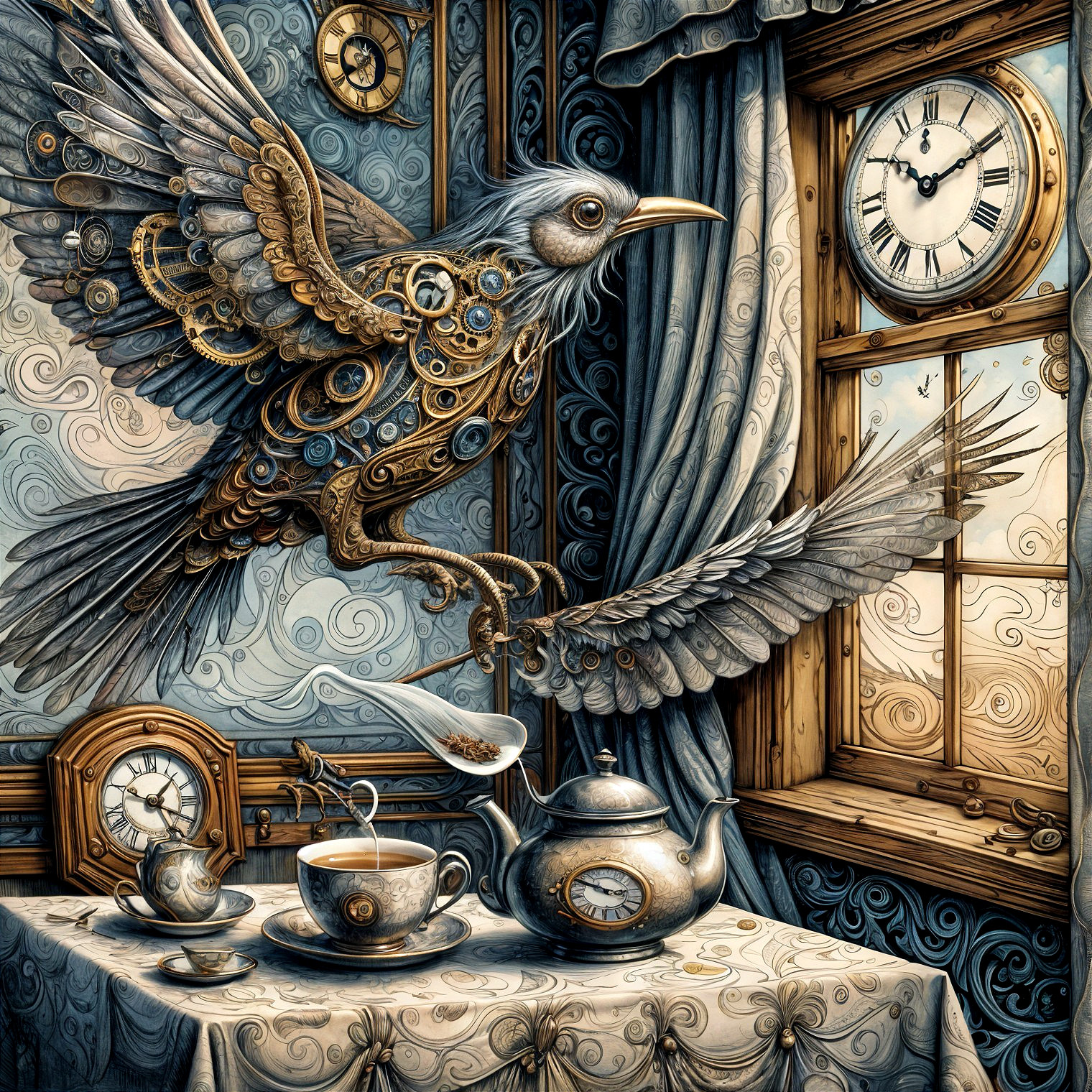 Ornate Room with Mechanical Bird and Vintage Clocks