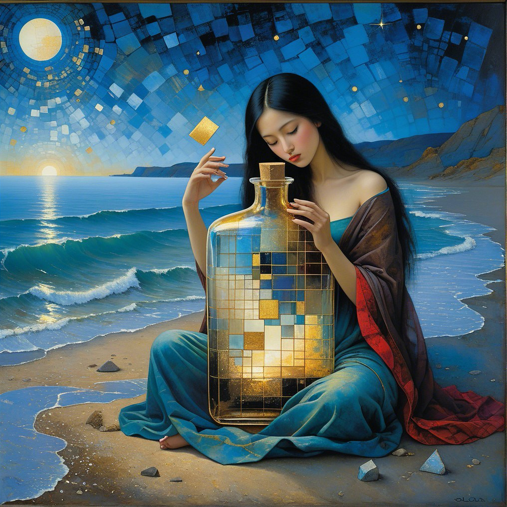 Serene Woman on Beach with Reflective Bottle at Sunset