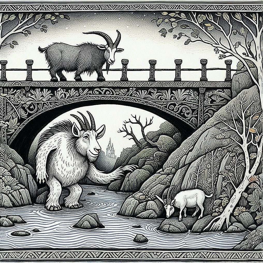 Whimsical Black-and-White Goat Illustration Scene