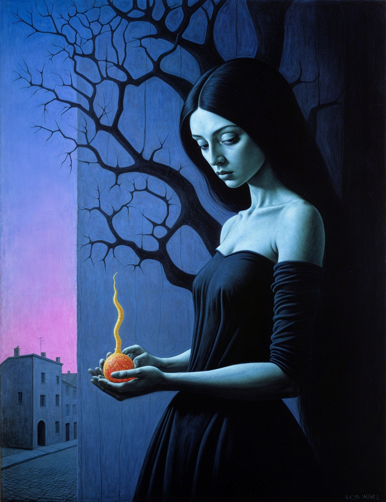 Mysterious Woman with Glowing Orb in Surreal Landscape