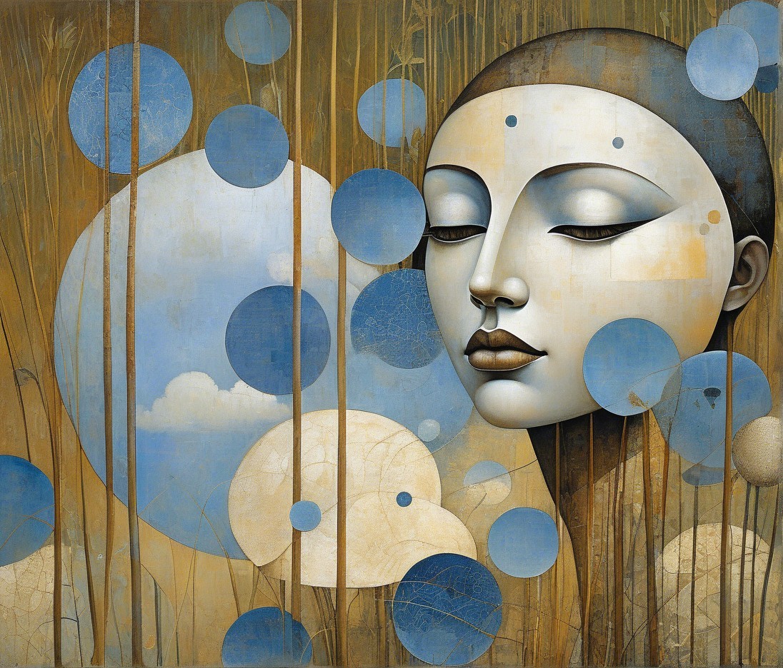 Serene Female Face with Abstract Background Elements