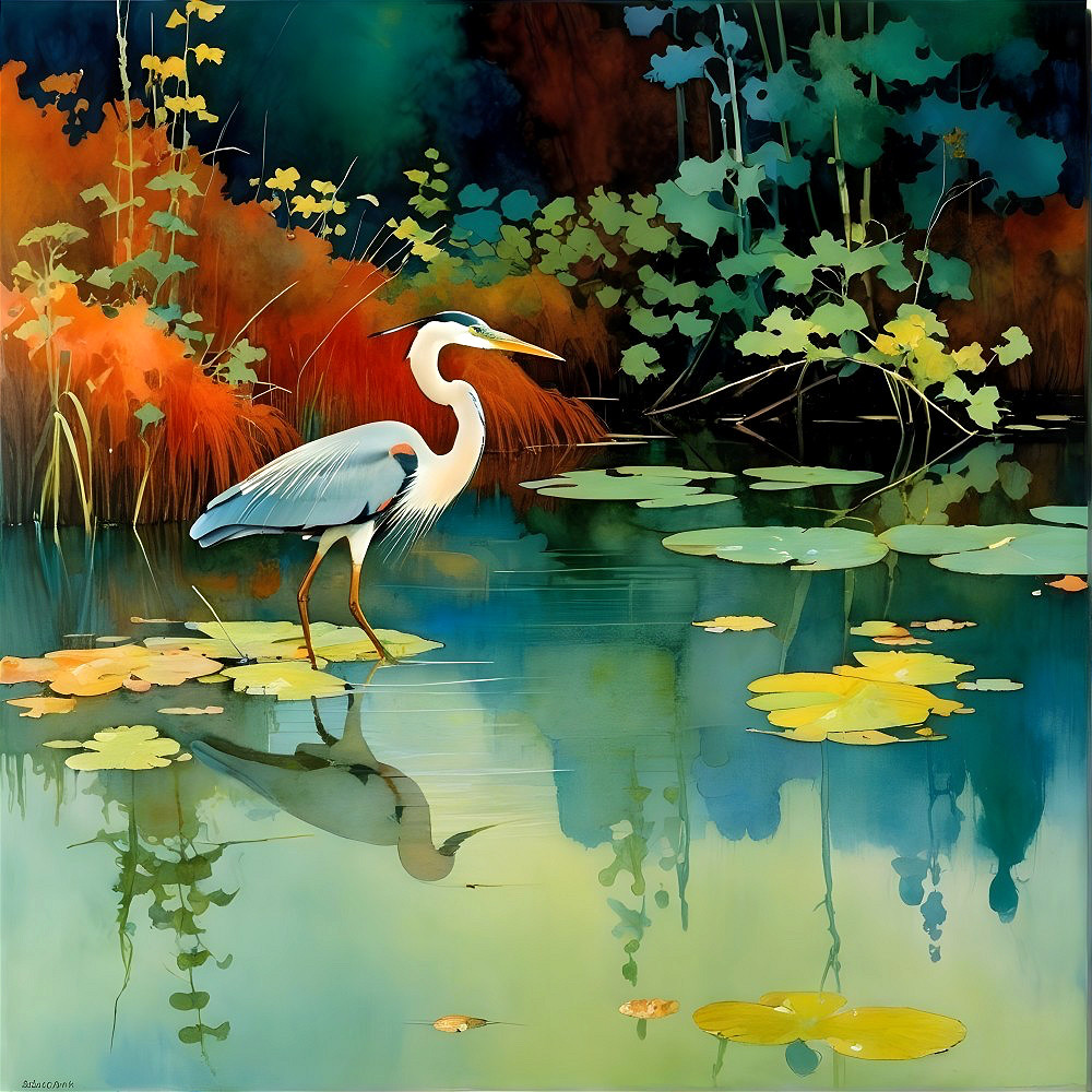 Heron in Tranquil Pond Surrounded by Lush Foliage