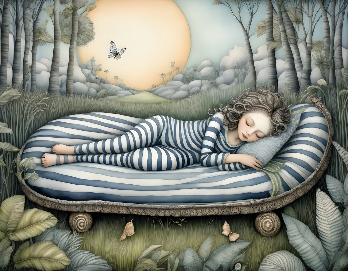 Young Girl Sleeping on Cushioned Daybed in Nature