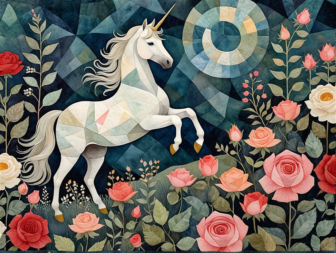 Unicorn Among Colorful Roses in Geometric Style