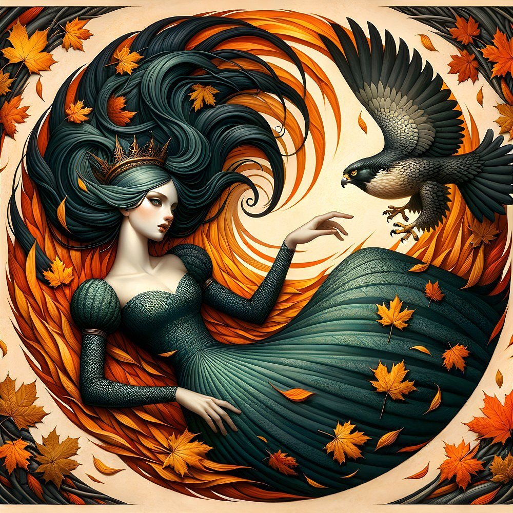 Serene Figure Surrounded by Autumn Leaves and Falcon