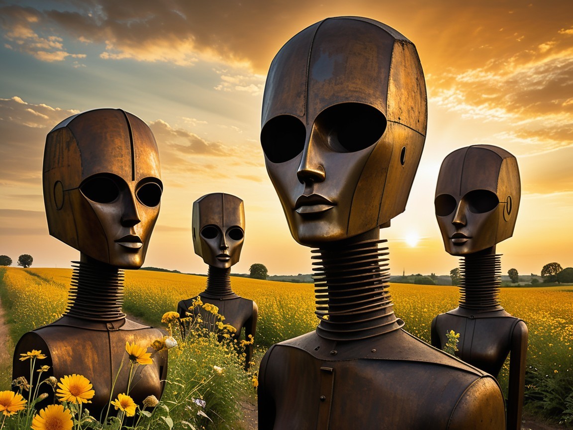 Humanoid Metal Sculptures in a Sunset Field