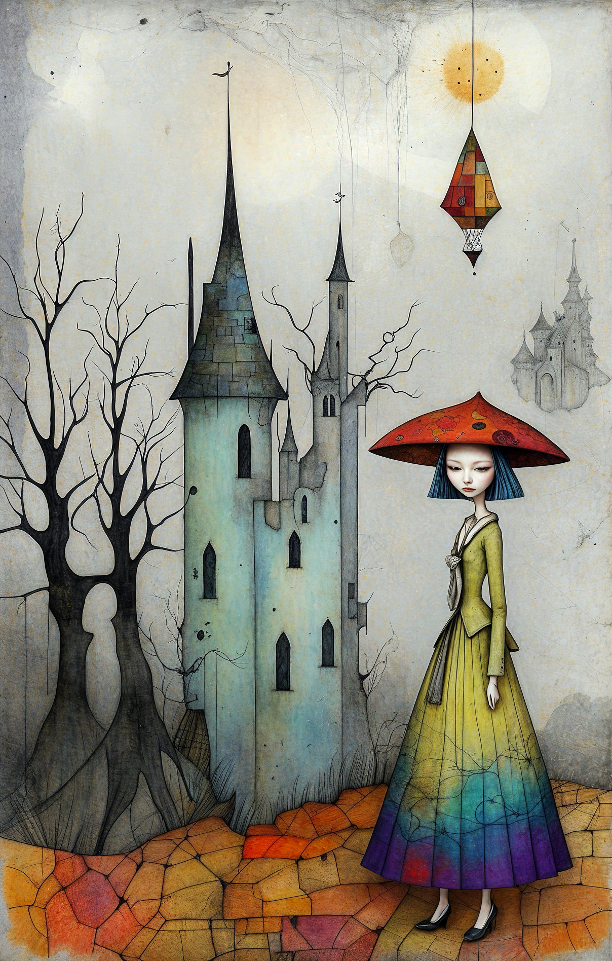 Whimsical Fairy-Tale Illustration of a Colorful Scene