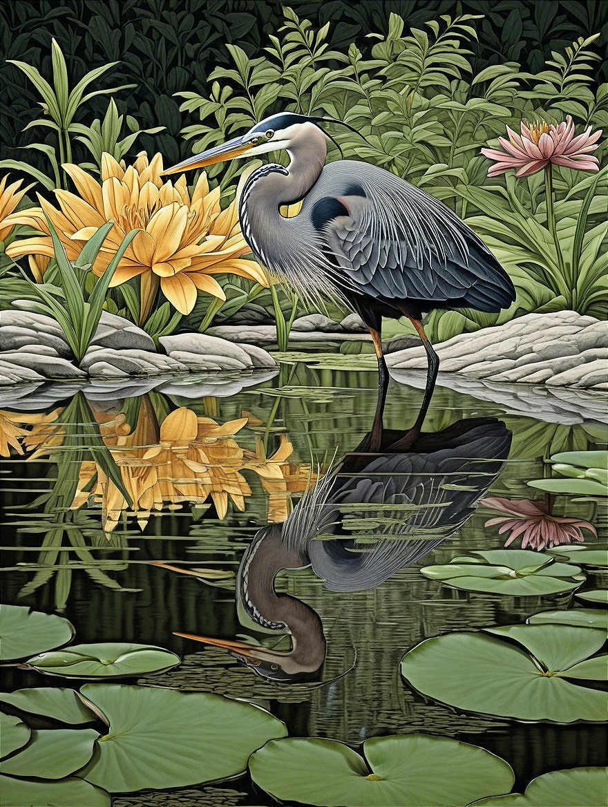 Great Blue Heron in Tranquil Pond with Lilies