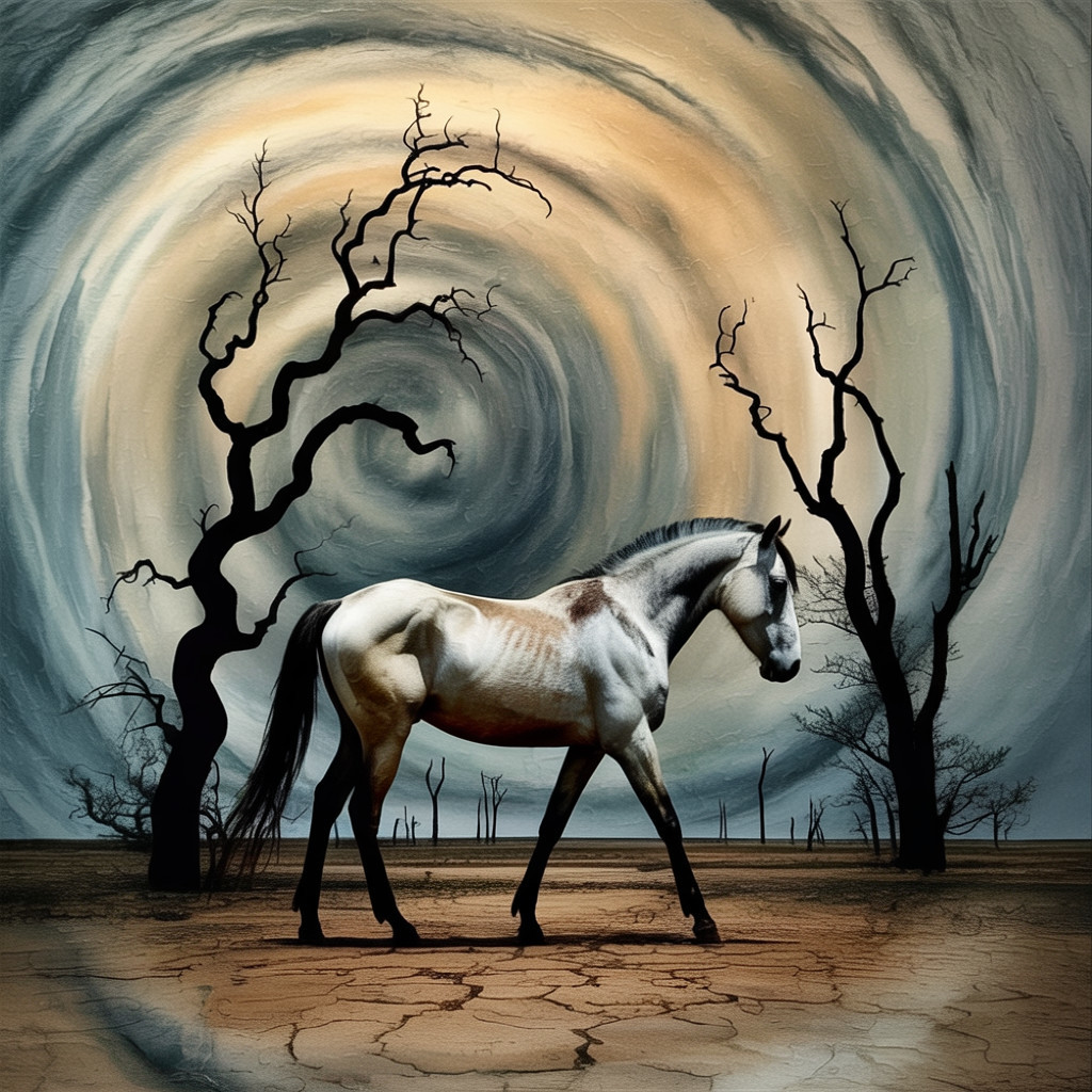 Surreal Landscape with Horse and Leafless Trees