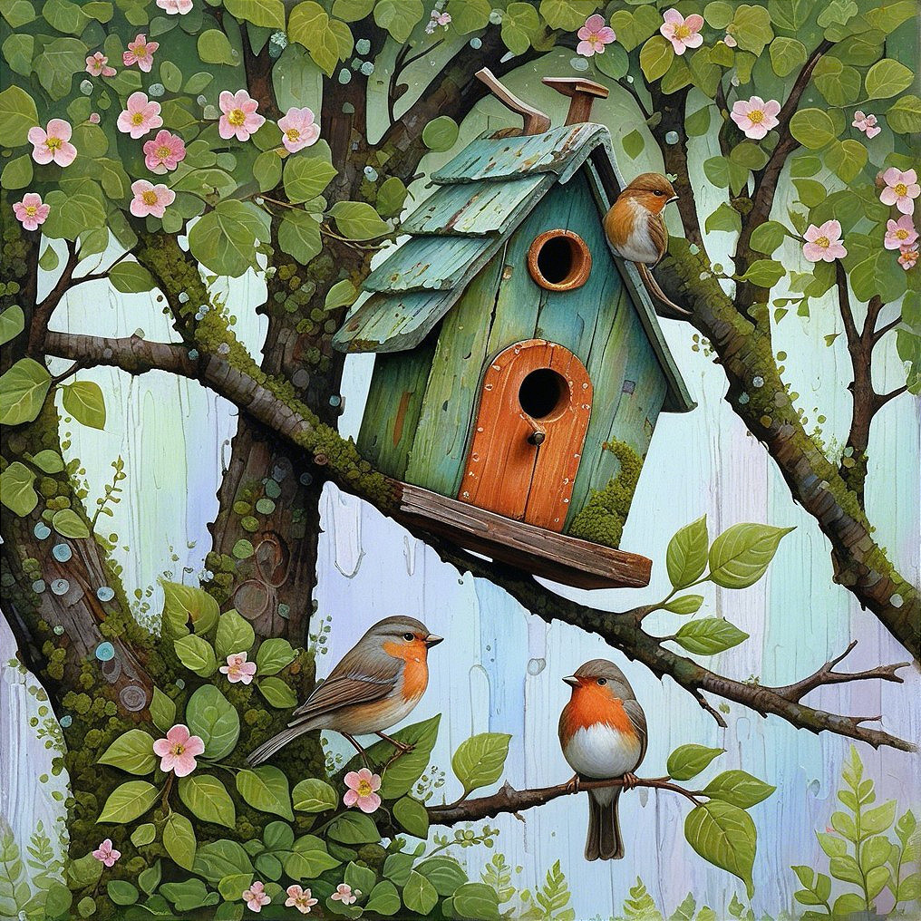 Vibrant Birdhouse Surrounded by Greenery and Flowers