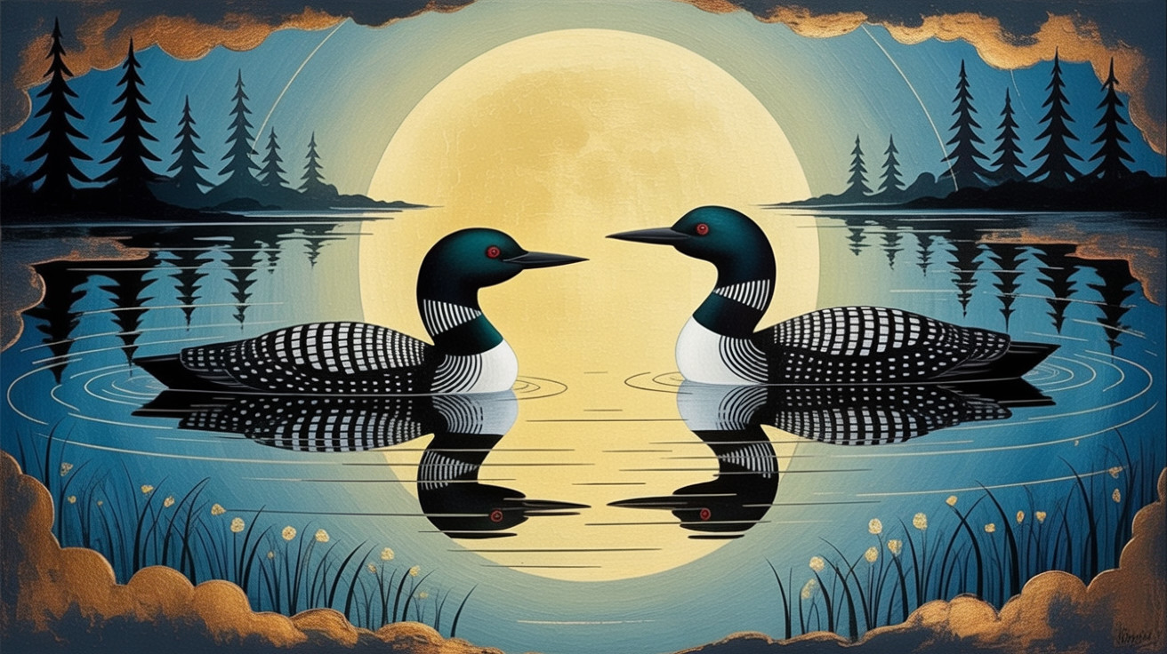 Loons Swimming in a Serene Moonlit Lake Scene