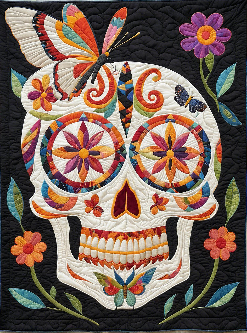 Vibrant Sugar Skull with Floral and Butterfly Designs