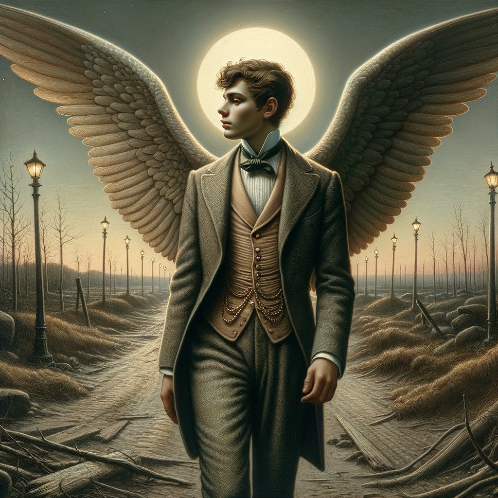 Young man with angel wings on a moonlit path