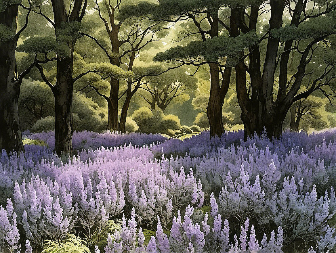 Serene forest scene with tall trees and lavender meadow