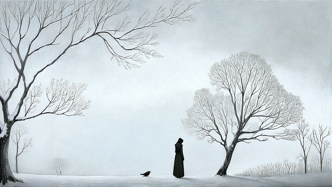 Solitary Figure in Cloak on Snowy Landscape
