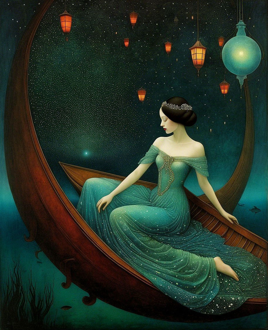 Serene Woman in Aqua Gown on a Wooden Boat at Night