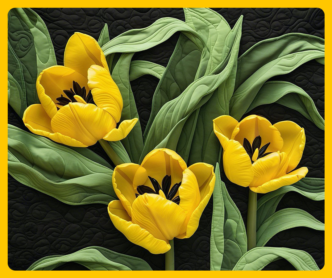 Vibrant Yellow Tulips with Dark Centers on Black Background