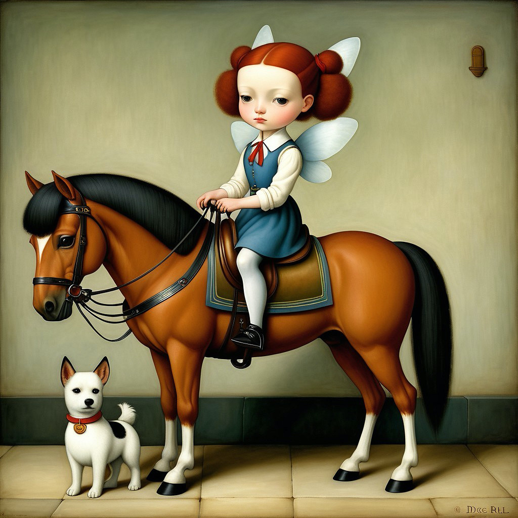 Girl with Fairy Wings on Horse with Dog in Background