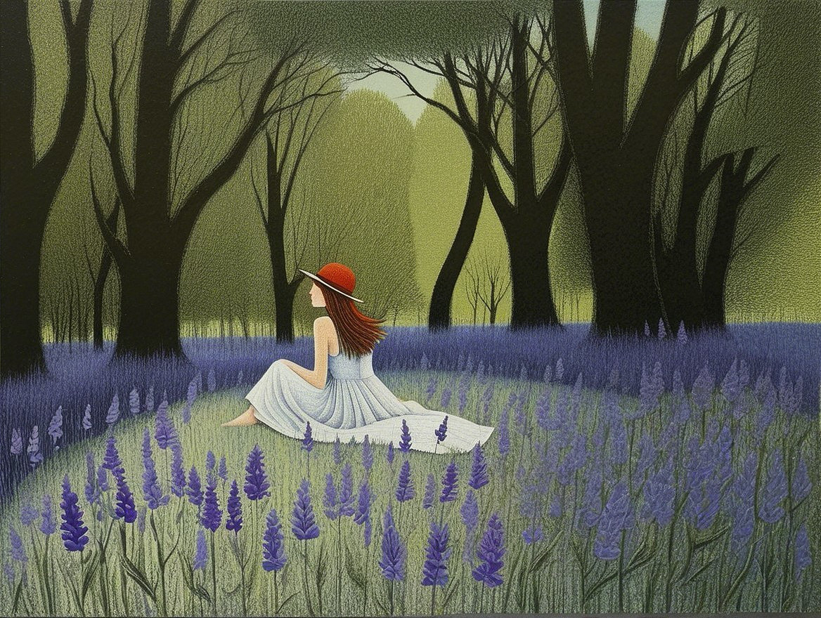 Young Woman in White Dress Among Purple Flowers