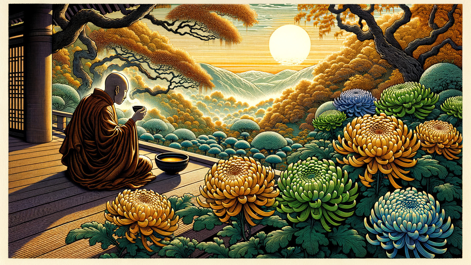 Monk on Porch Amidst Vibrant Chrysanthemums at Sunset