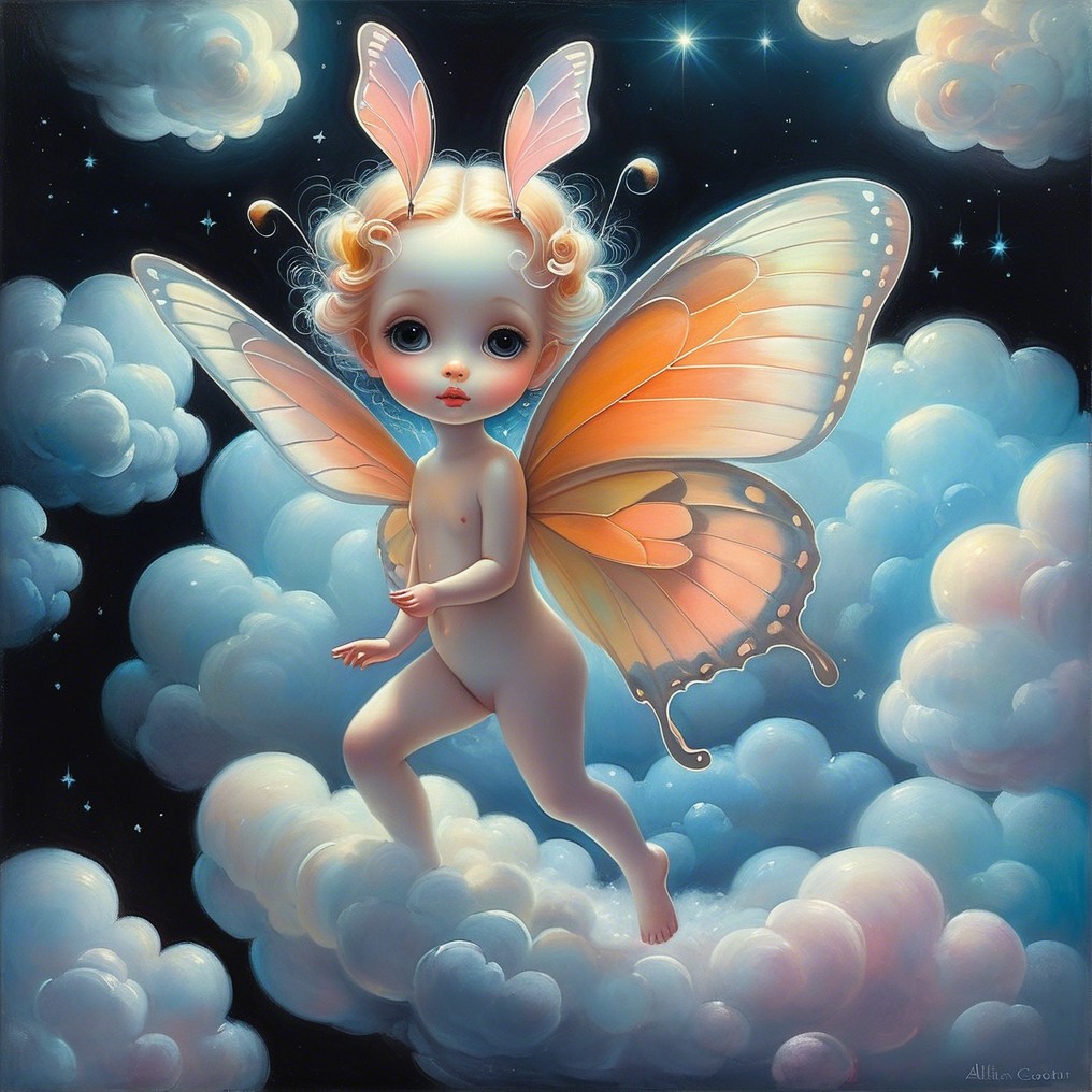Cherubic Figure with Butterfly Wings in Dreamy Sky