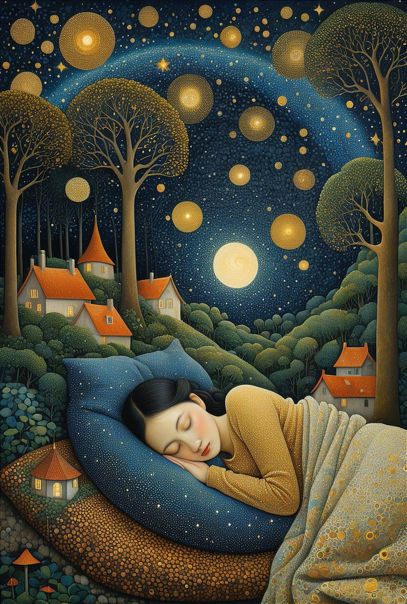 Young Woman Sleeping in a Dreamy Night Landscape