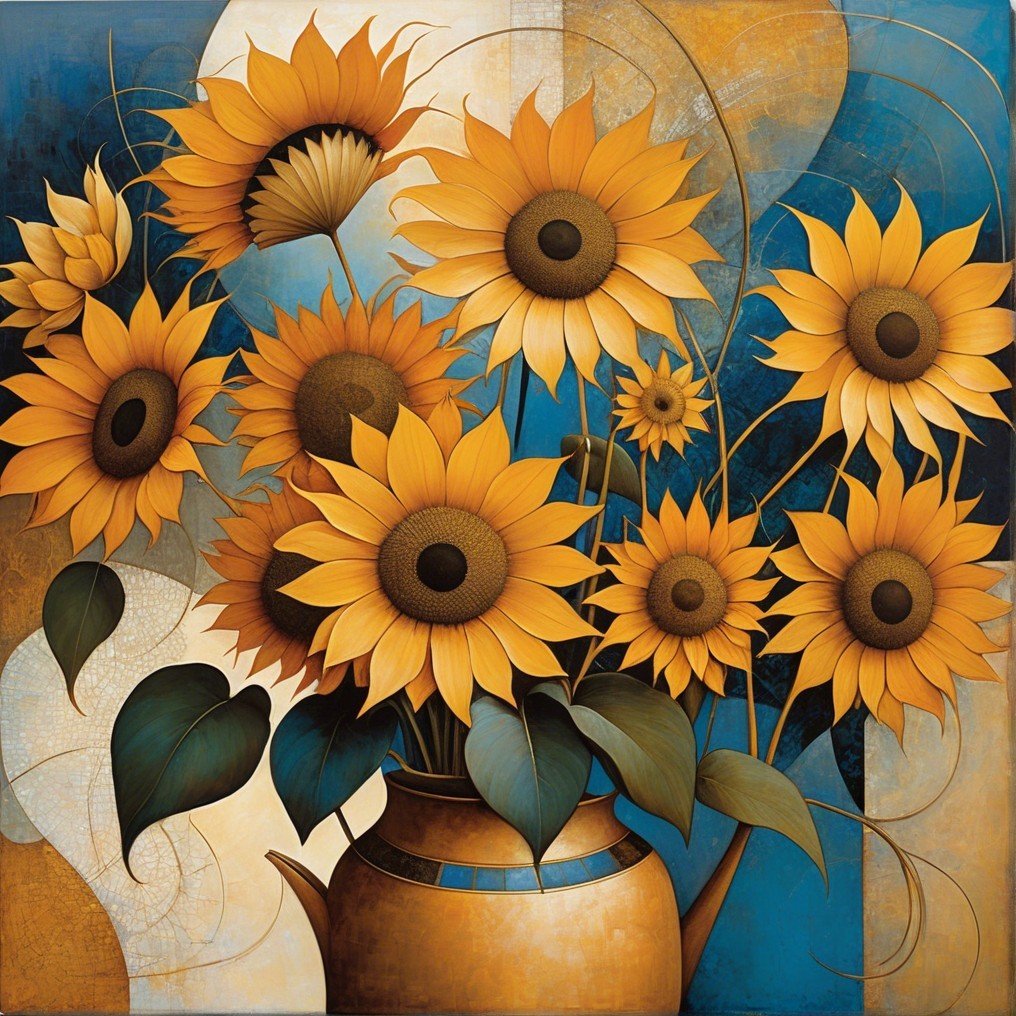 Vibrant Still Life of Sunflowers in Earthy Vase