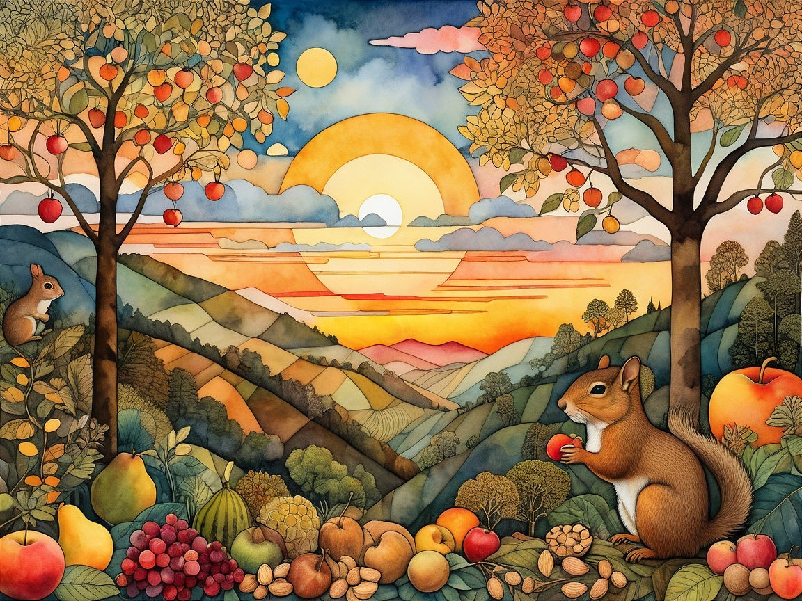 Vibrant autumn landscape with fruit trees and hills