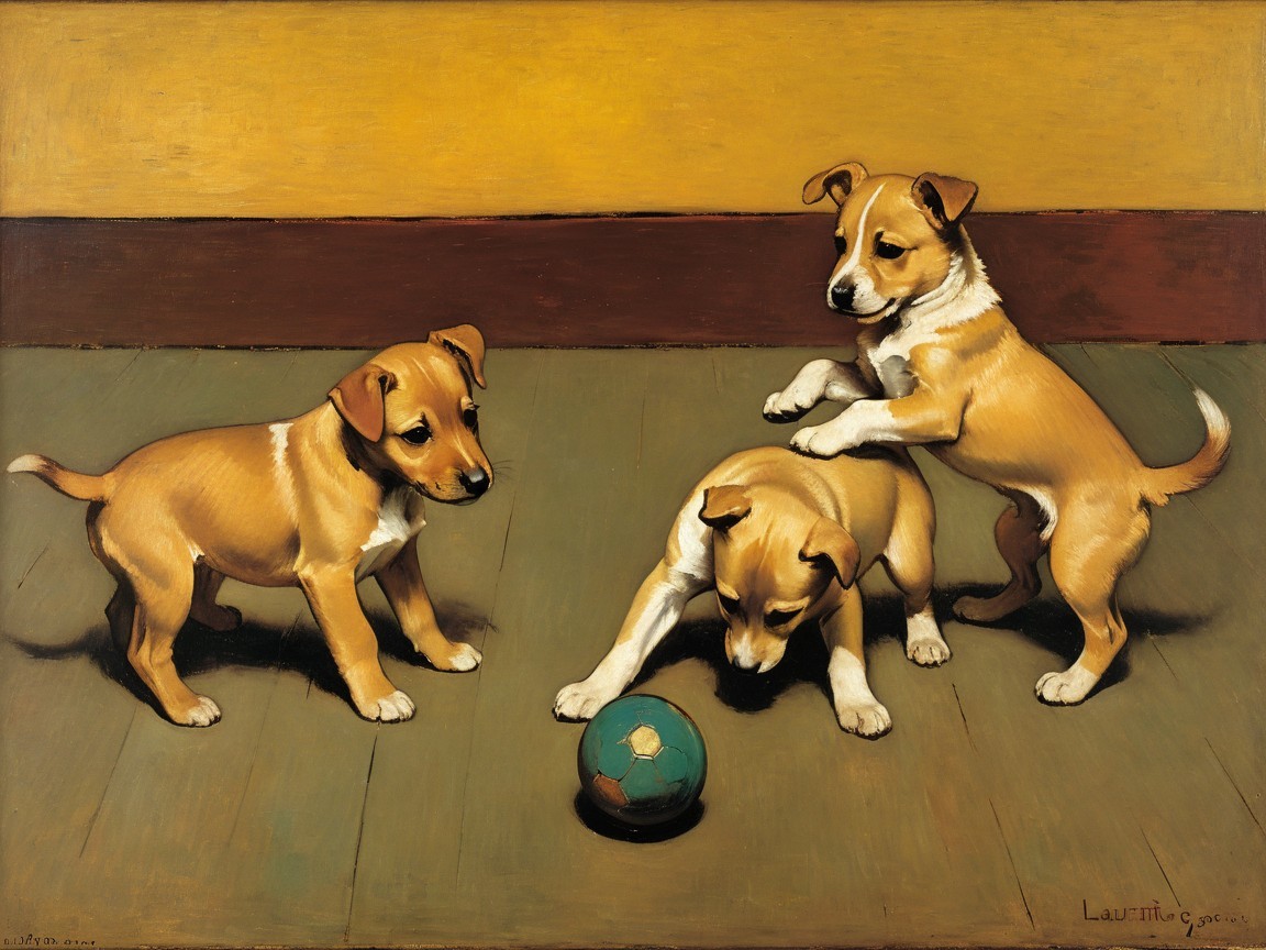 Charming Painting of Three Playful Puppies in Action