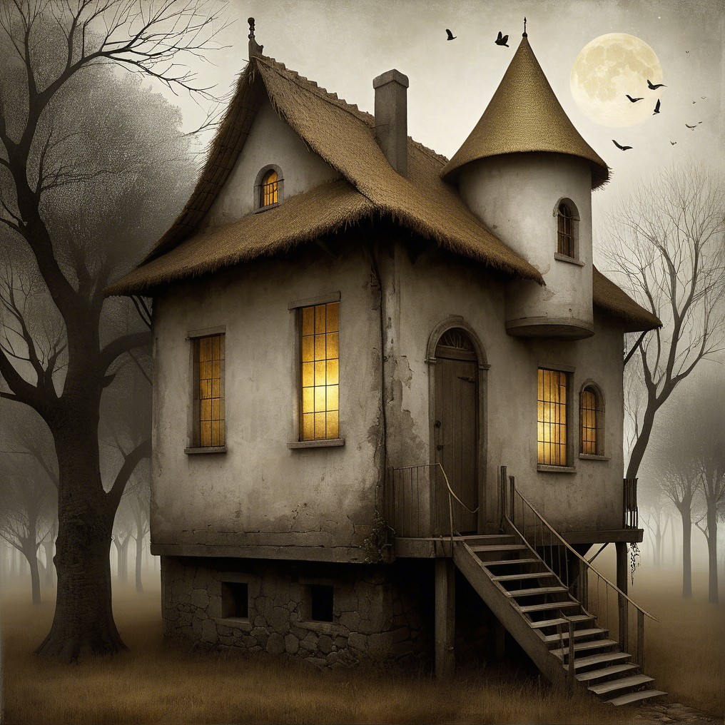 Old-fashioned house with turret under full moonlight