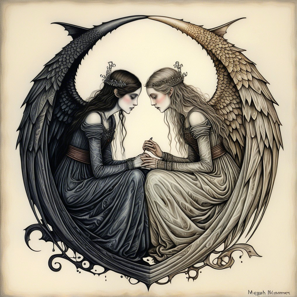 Ethereal Figures in Circular Formation Representing Duality