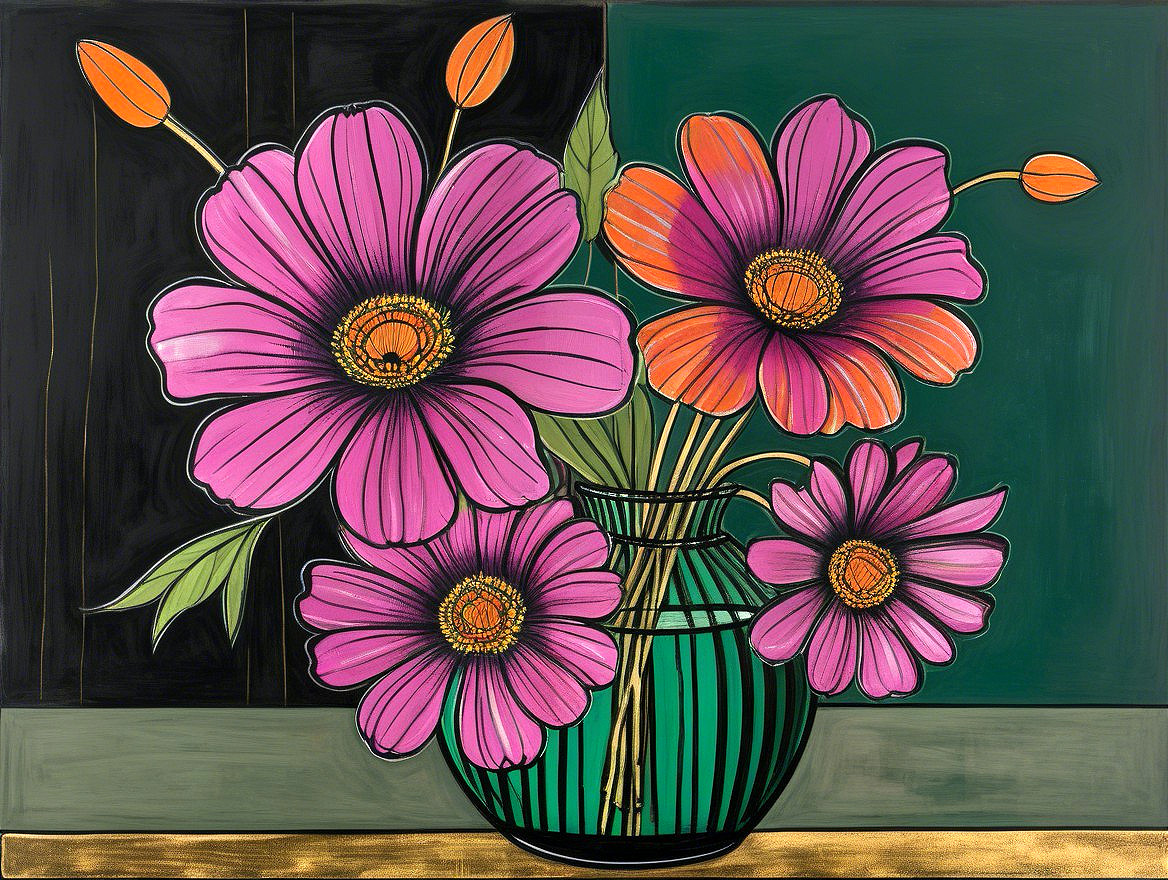 Vibrant Still Life of Pink Flowers in Green Vase