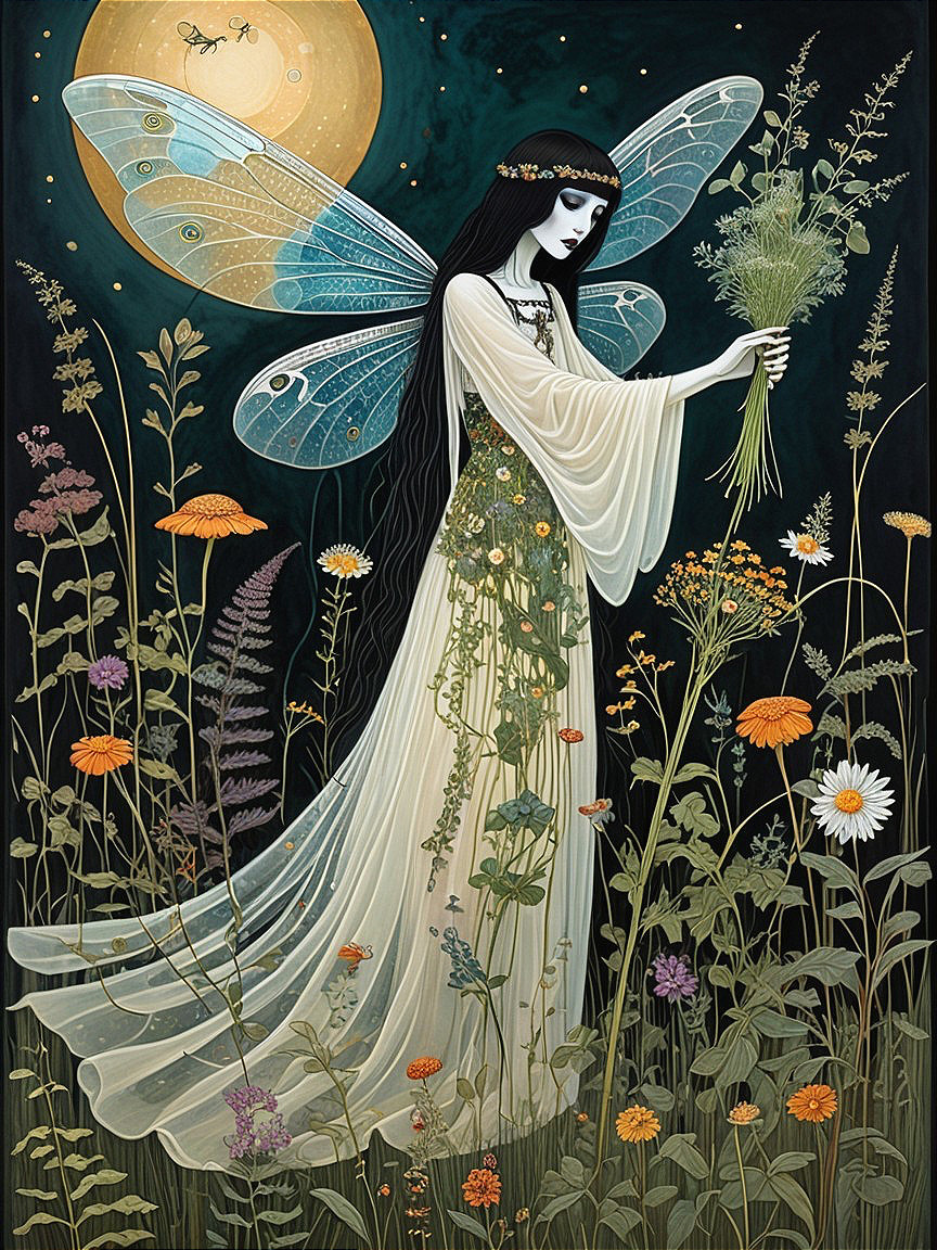 Mystical Figure with Wings in Flower-Filled Landscape