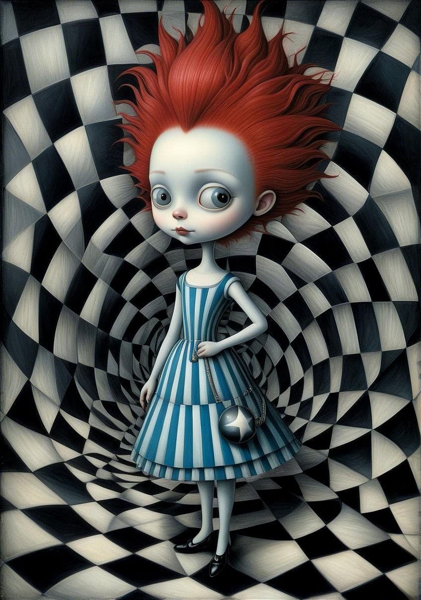 Whimsical Character in Surreal Checkered Background