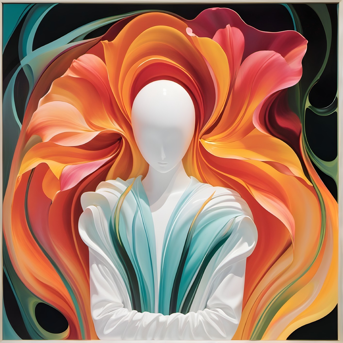 Stylized Mannequin Surrounded by Vibrant Floral Design