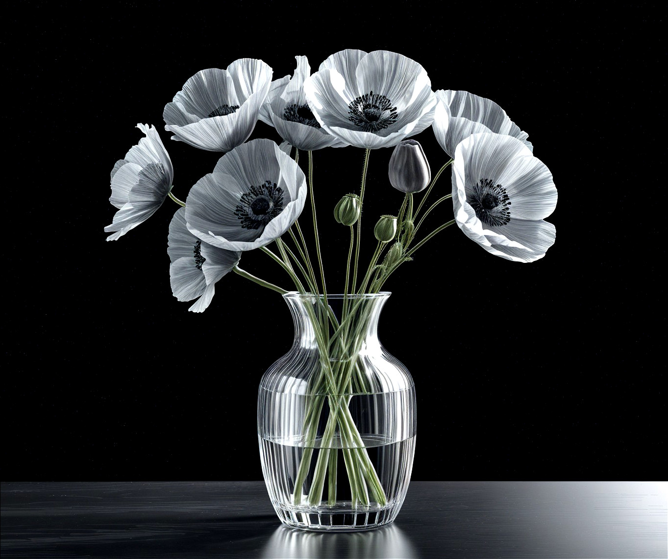 Elegant Glass Vase with White Poppies on Dark Background