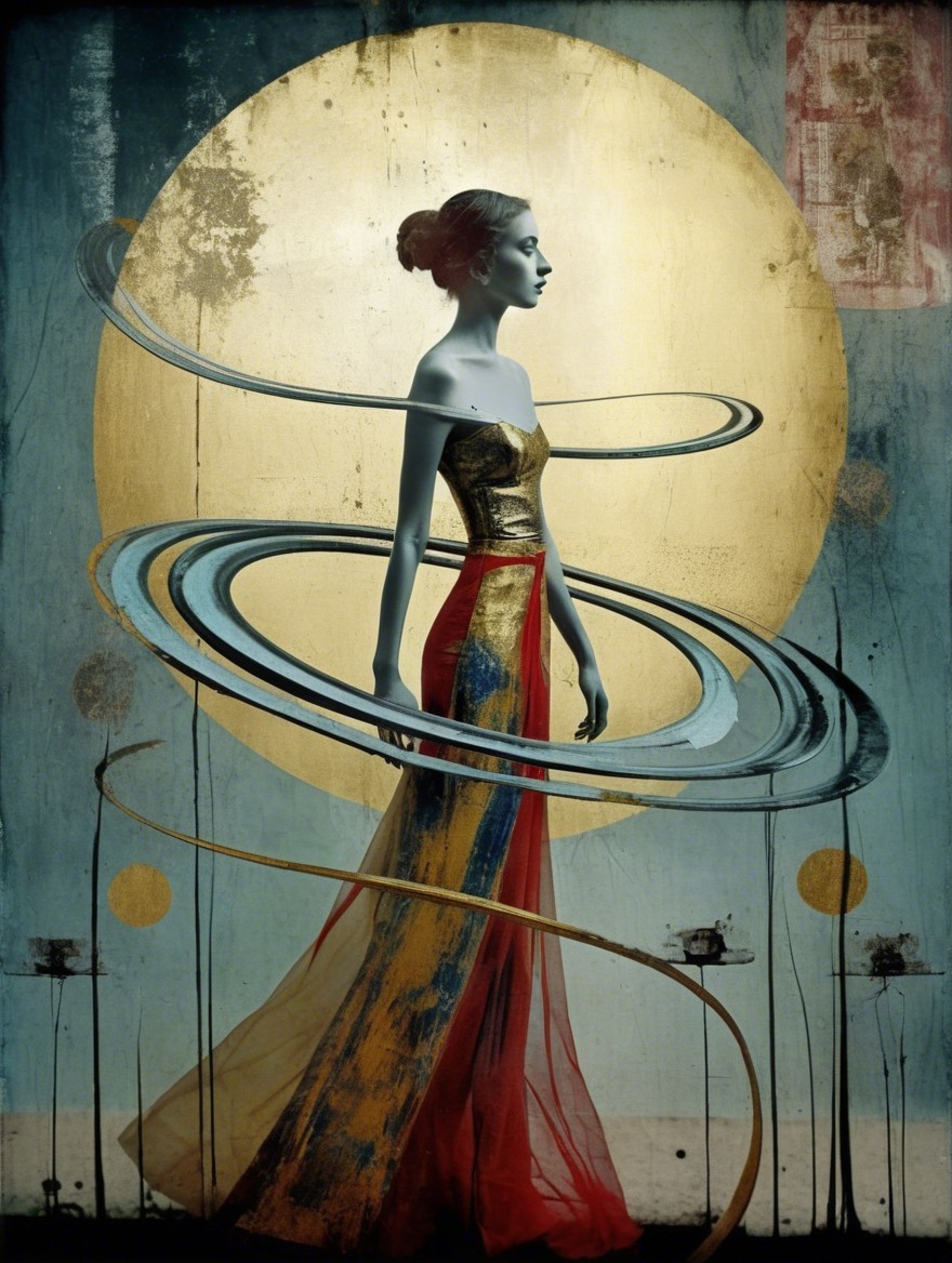 Elegant Figure in Colorful Gown with Cosmic Elements