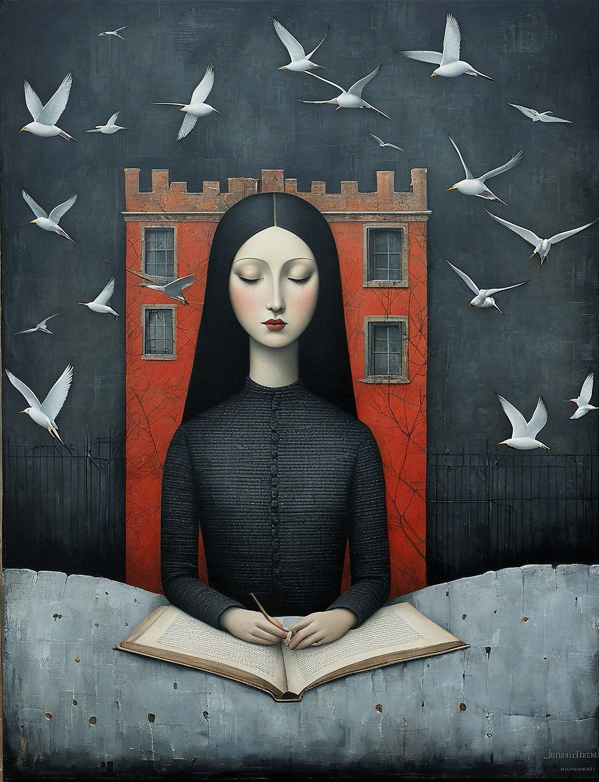 Serene Woman with Book and Birds in Urban Setting