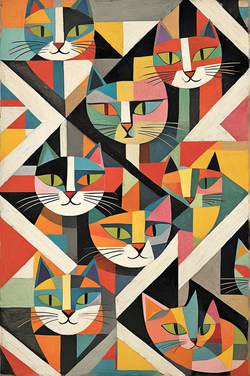 Vibrant Abstract Artwork with Stylized Cat Faces