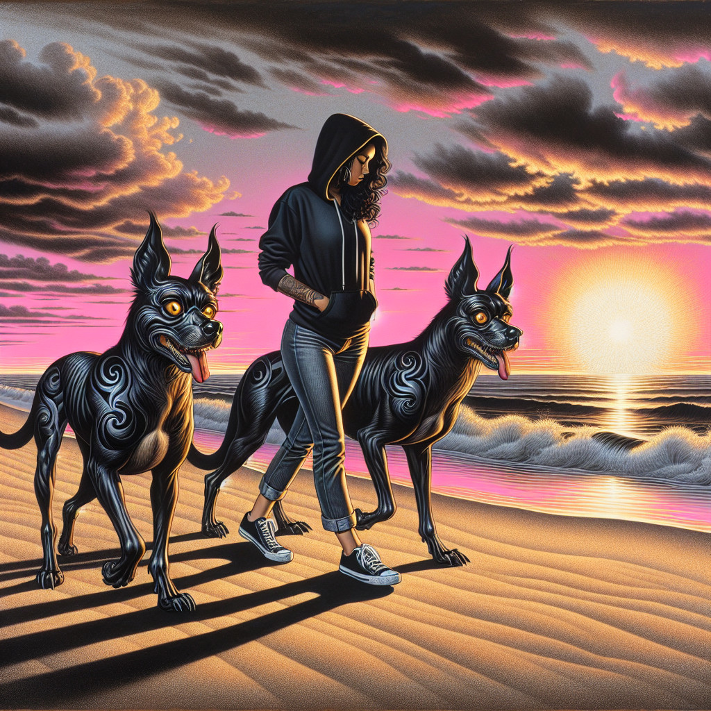 Figure Walking on Beach at Sunset with Two Dogs