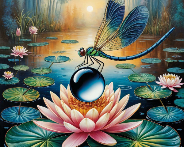 Dragonfly on Black Orb atop Pink Lotus Flower
