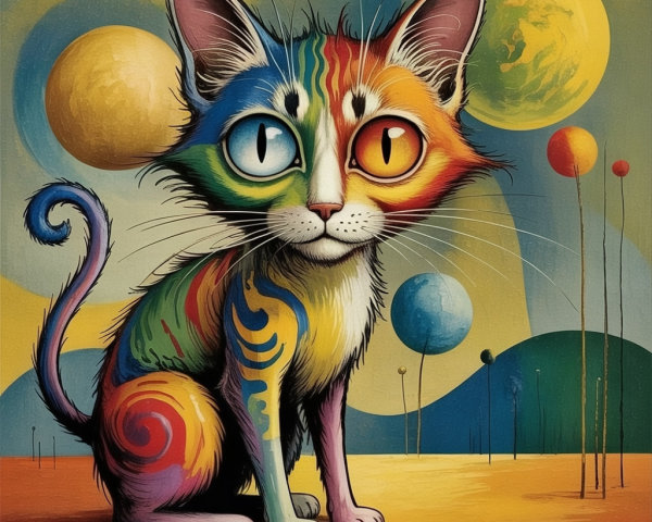 Vibrant Fantastical Cat in Surreal Colorful Landscape