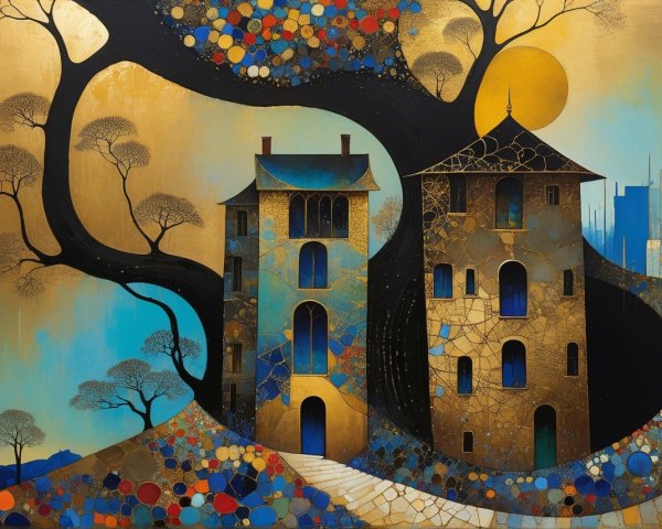 Abstract Houses Surrounded by Vibrant Nature Scene