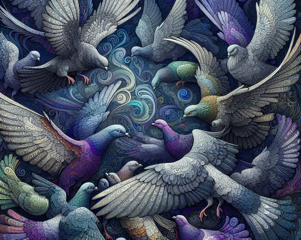 Intricate Artwork of Stylized Pigeons in Flight