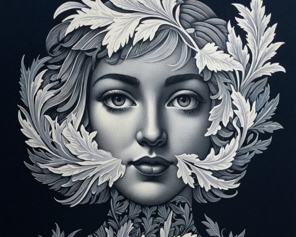 Monochromatic Botanical Portrait of a Curly-Haired Woman