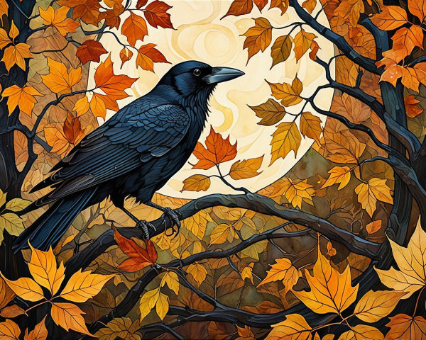 Black Raven on Branch with Autumn Leaves and Moonlight