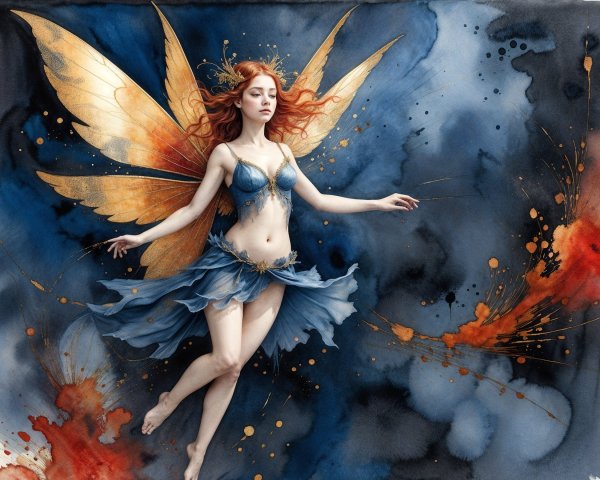 Fairy in Blue and Orange with Golden Wings and Red Hair